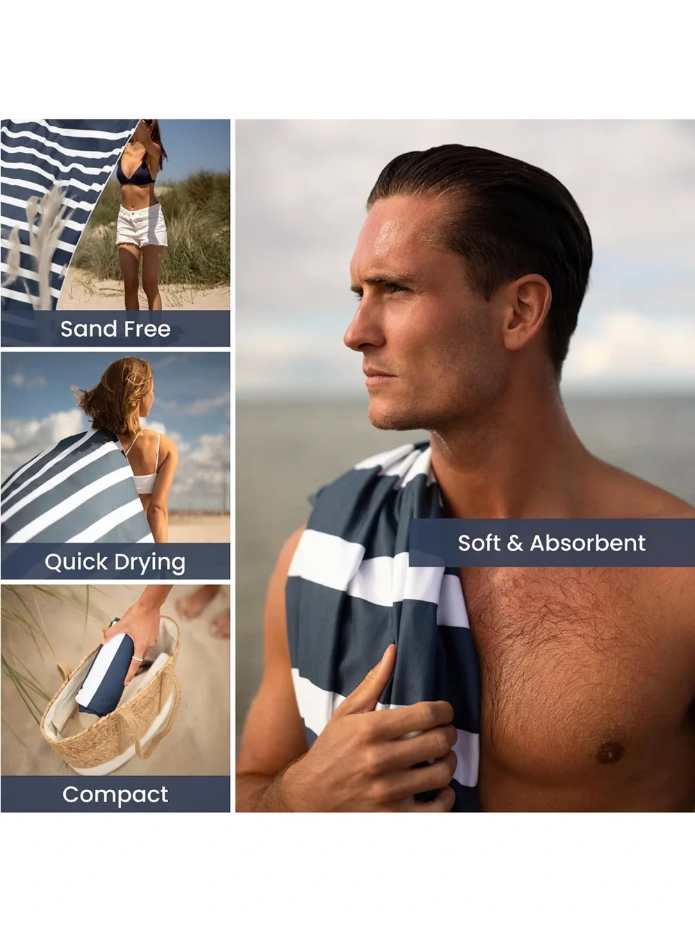 SummerSand Blue White Striped Microfiber Extra Large Beach Towel Pool Sand Free